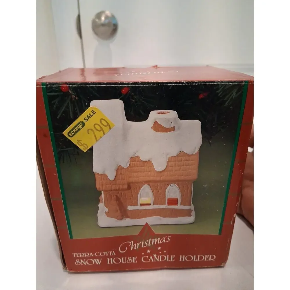 Vintage 1980s 1990s Terracotta Christmas Snow House Votive Candle Holder Box